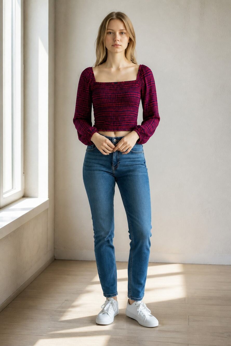 Abercrombie & Fitch Red Navy Blue Smocked Puff Sleeve Crop Top Blouse Size XS